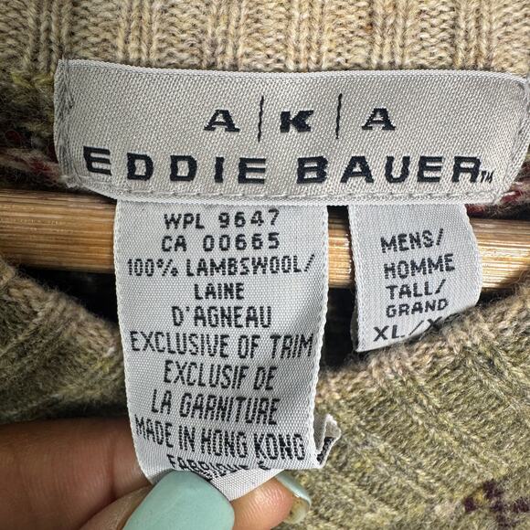 Eddie Bauer Sweater Mens XL Tan Multicolor Fair‎ Isle Lambswool VNeck Pullover - Picture 3 of 9
